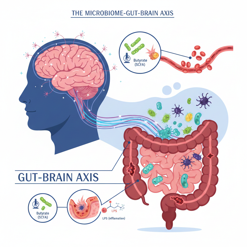 Diagram illustrating the bidirectional communication between the gut microbiome and the brain. It shows how gut metabolites (like Butyrate/SCFA) travel through the bloodstream, and how leaky gut (LPS) leads to systemic inflammation affecting the brain.Gut Health Stroke Risk