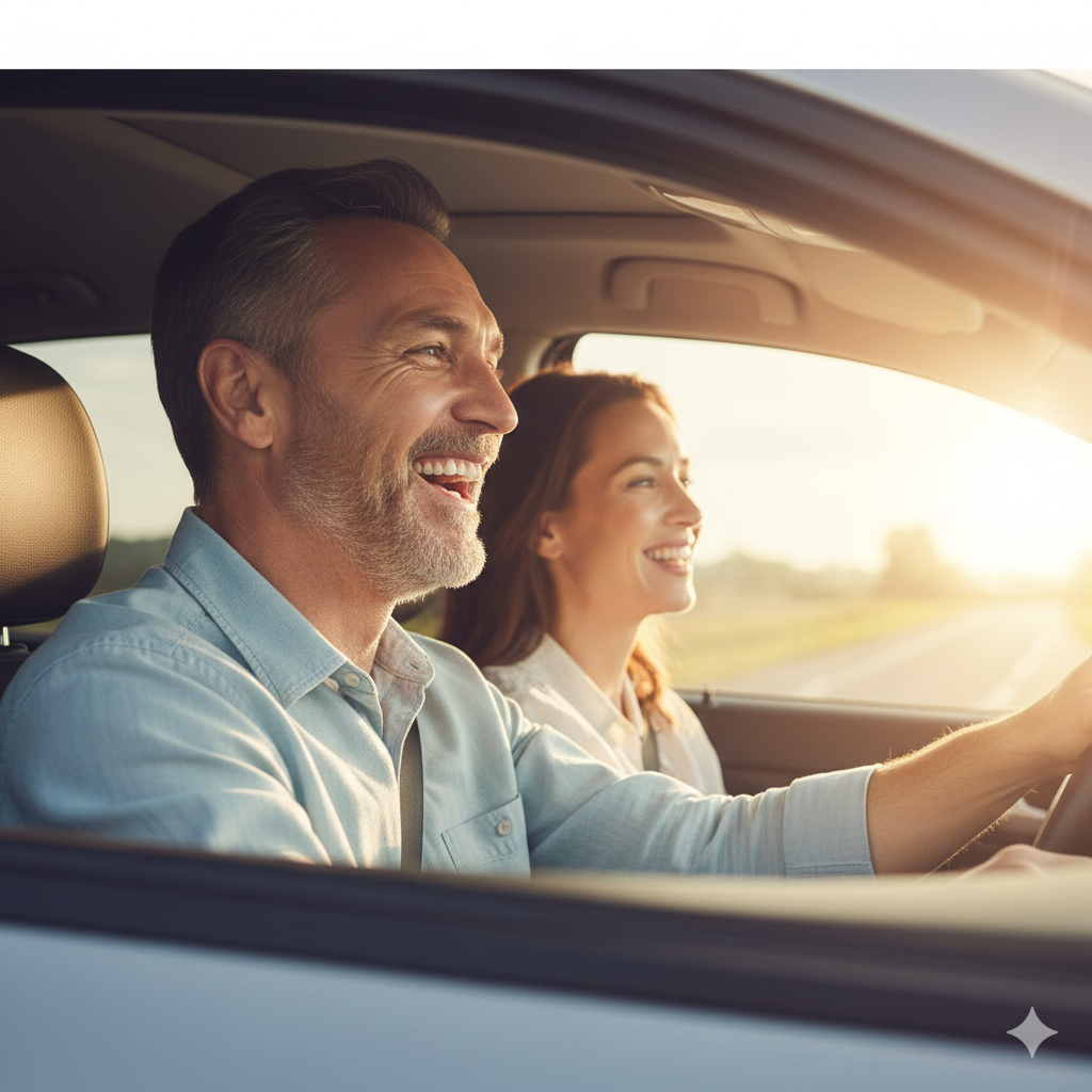 A man (Doug) laughing and smiling while driving a car, representing the successful outcome of his functional medicine stroke recovery and his improved quality of life.