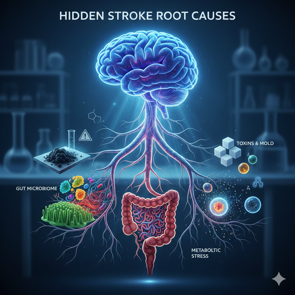 Scientific illustration depicting the hidden root causes of stroke, showing glowing roots extending from a human brain connecting to the gut microbiome, environmental toxins (mold), and metabolic stress factors.