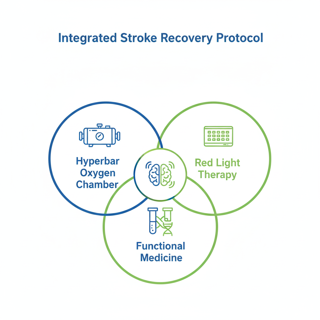 Integrated stroke recovery approach combining hyperbaric oxygen therapy, functional medicine testing, and red light therapy at Dr. Kilcup's clinic