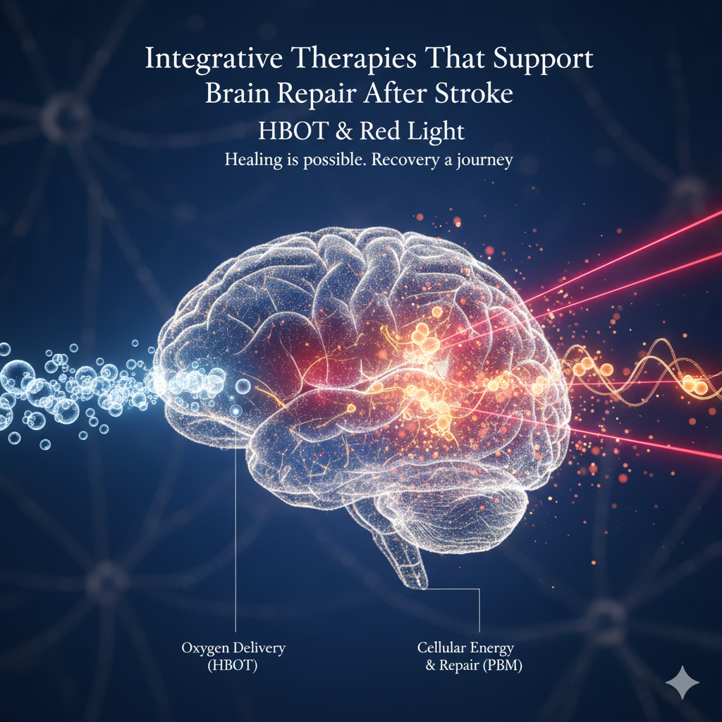 Visual representation of integrative stroke recovery therapies, featuring a brain receiving support. One side of the image shows focused red and near-infrared light beams (representing Photobiomodulation/Red Light Therapy), and the other side shows concentrated oxygen molecules (representing Hyperbaric Oxygen Therapy/HBOT), emphasizing neuroplasticity and brain repair.