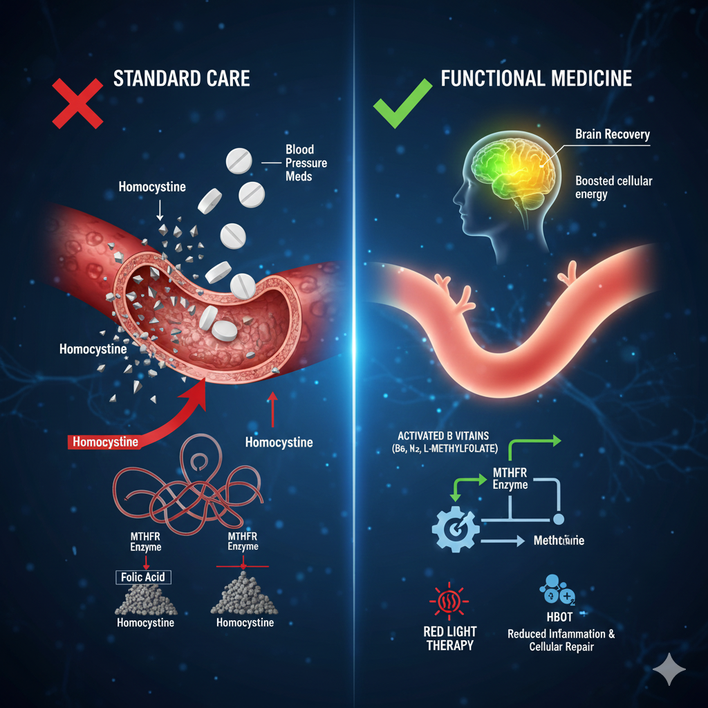 Diagram illustrating the MTHFR gene block slowing down the conversion of Folic Acid, leading to High Homocysteine accumulation, and showing how Activated B Vitamins (L-Methylfolate) bypass the block to successfully lower Homocysteine and reduce stroke risk.