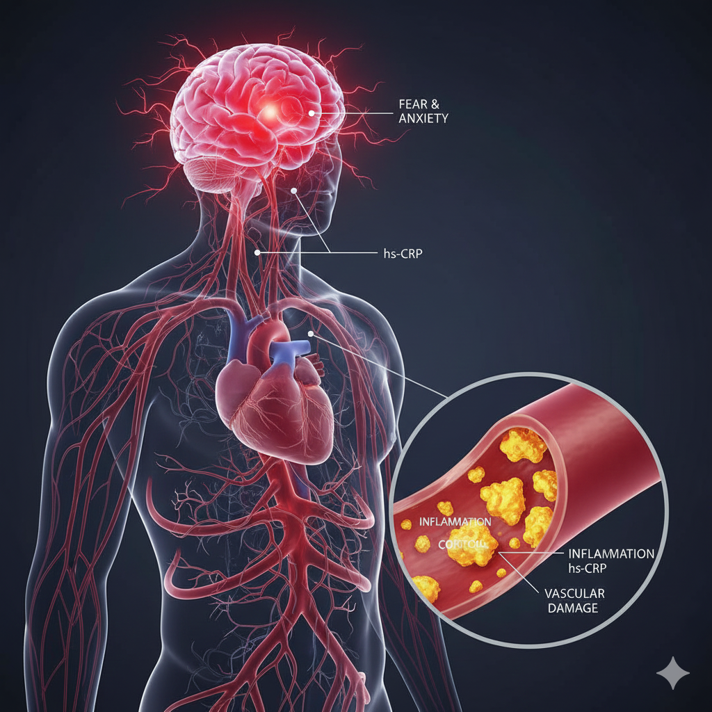 A conceptual illustration showing the connection between a human brain experiencing anxiety and the vascular system, representing how fear increases stroke risk through inflammation.