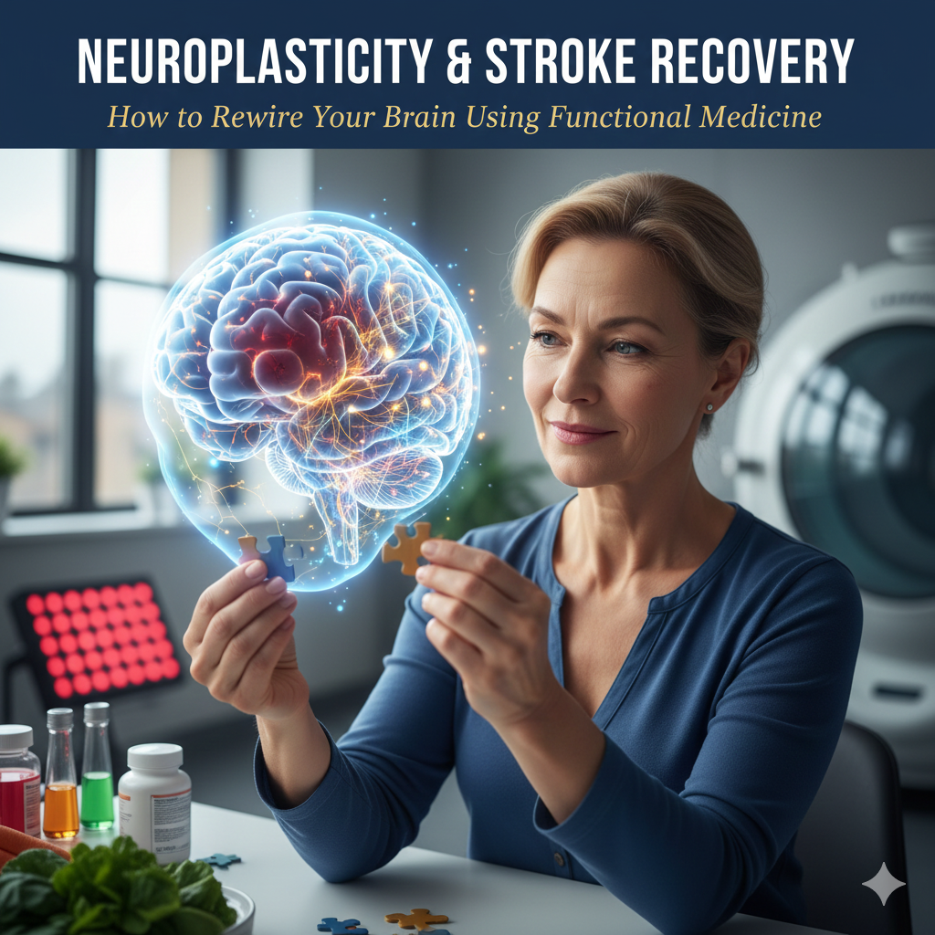A glowing digital representation of human brain neural pathways and synaptogenesis, symbolizing the neuroplasticity and brain rewiring process in functional medicine stroke recovery.