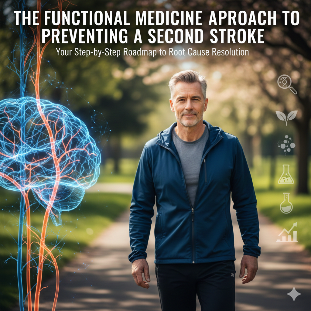 A healthy man walking in a park with a digital overlay of brain neural pathways and vascular health icons, representing a functional medicine approach to preventing a second stroke.