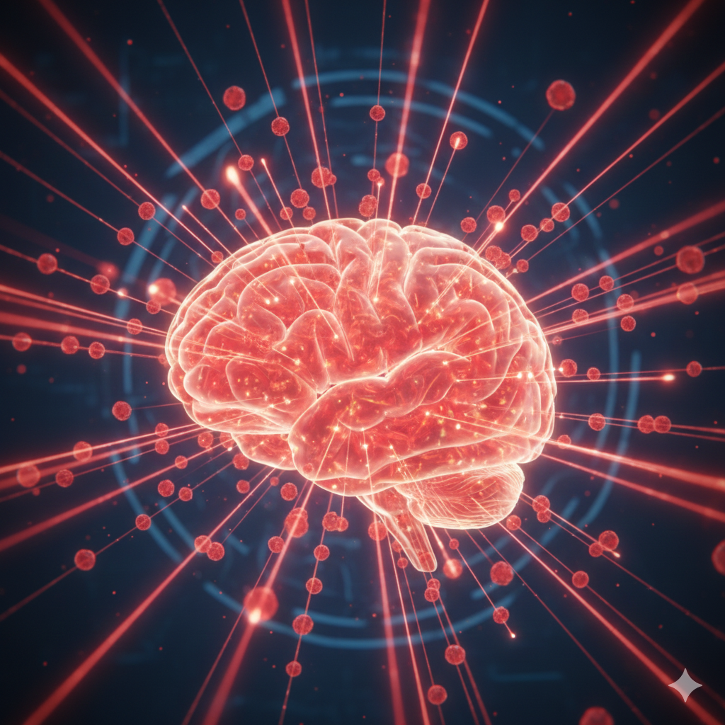 A conceptual image showing a simplified human head where red and near-infrared light beams penetrate the skull and illuminate mitochondria (small, glowing energy units) within the brain tissue.