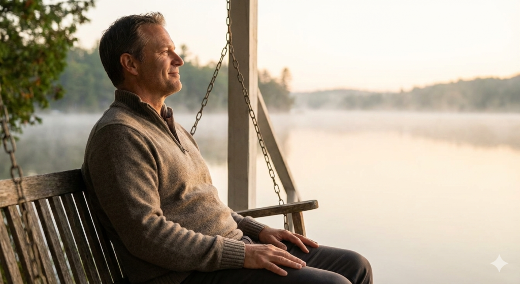 A peaceful stroke survivor sitting outdoors at sunrise, reflecting the calm and hope of a regulated nervous system after limbic retraining.