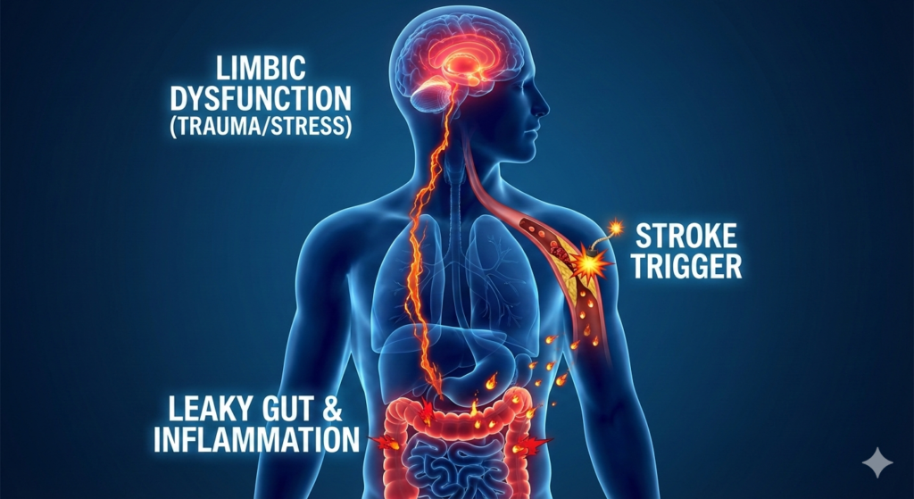 A medical diagram illustrating the functional medicine chain reaction trigger for strokes. It shows a glowing red 'Limbic Dysfunction (Trauma/Stress)' in the brain causing inflammation that travels to the gut, resulting in 'Leaky Gut & Inflammation.' Inflammatory particles escape the gut into a blood vessel, leading to plaque buildup and a 'Stroke Trigger' clot.
