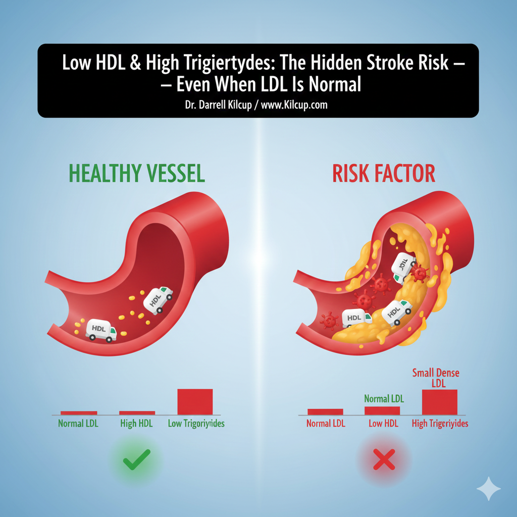 "Diagram illustrating the Triglyceride-to-HDL ratio danger. The image shows a blood vessel congested with thick, sludgy fat particles (high triglycerides) and only a few small HDL 'garbage trucks' (low HDL) unable to clear the debris, representing high stroke risk."