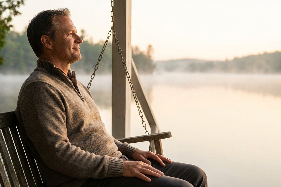 A peaceful stroke survivor sitting outdoors at sunrise, reflecting the calm and hope of a regulated nervous system after limbic retraining.